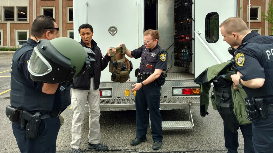 Bomb Squad Technician displaying specialized equipment